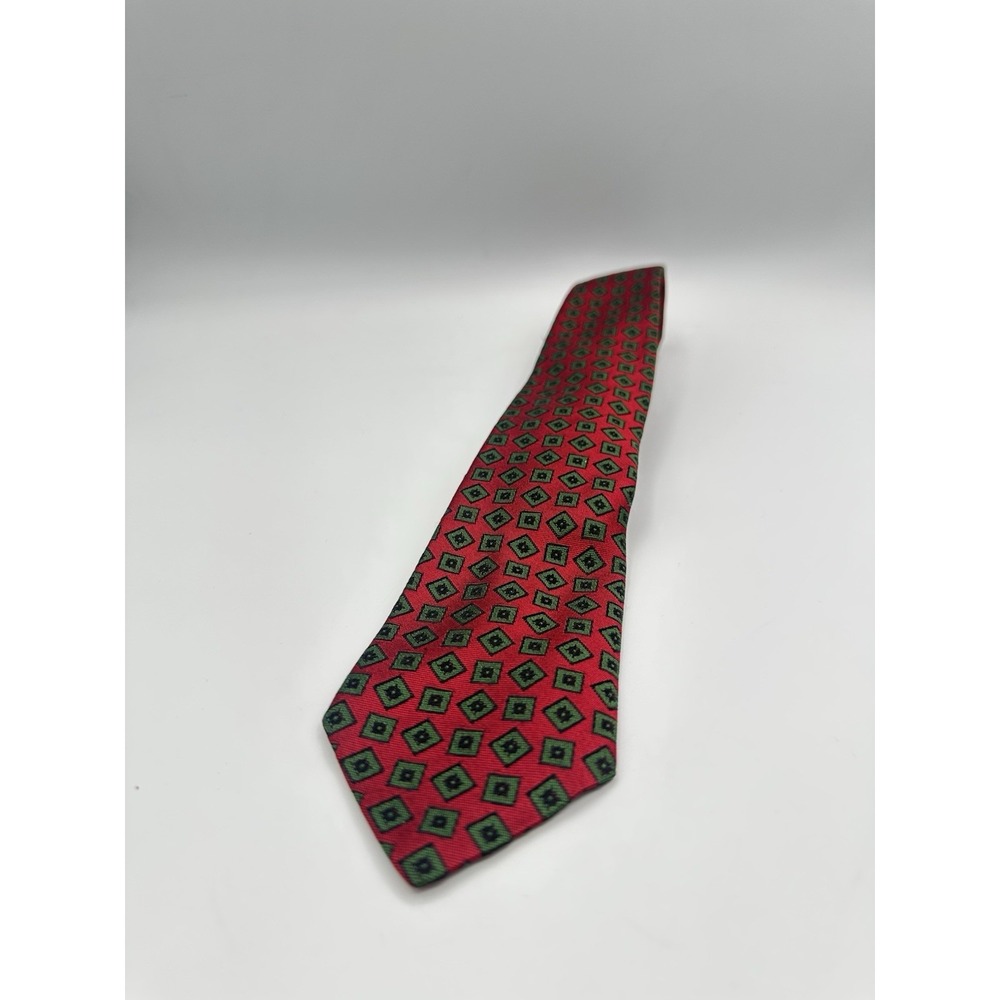 Vintage Christian Dior All Silk Red Green Geometric Necktie Made in USA